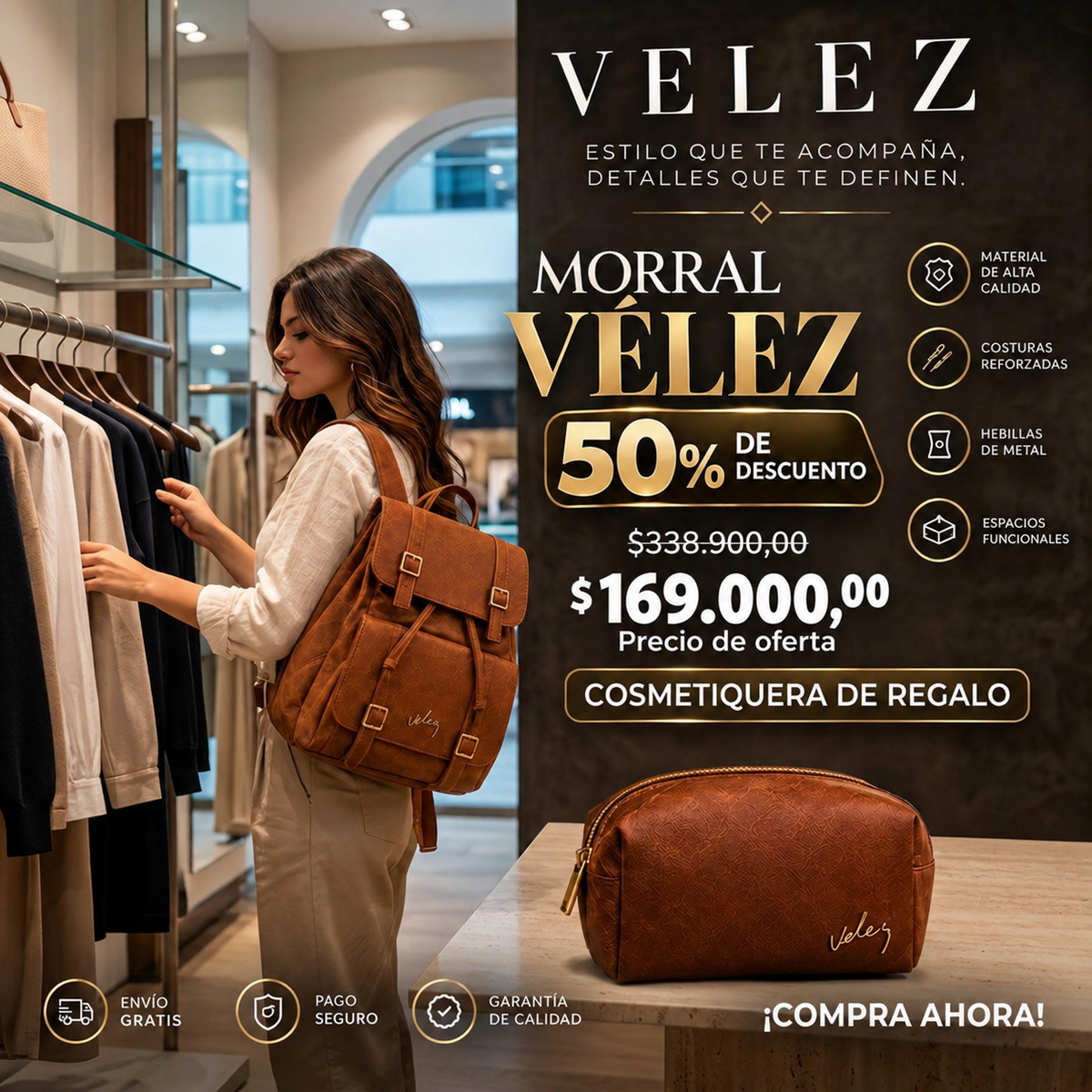 Morral Unisexo Vélez de Cuero - Lote Exclusivo Con 50% OFF + Cosmetiquera de Regalo
